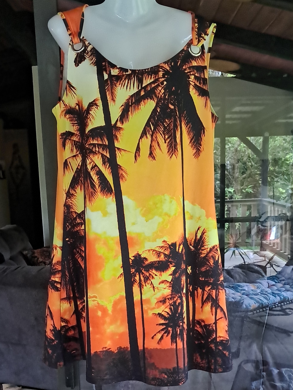 Sunset Palm Print Mini Dress - Orange